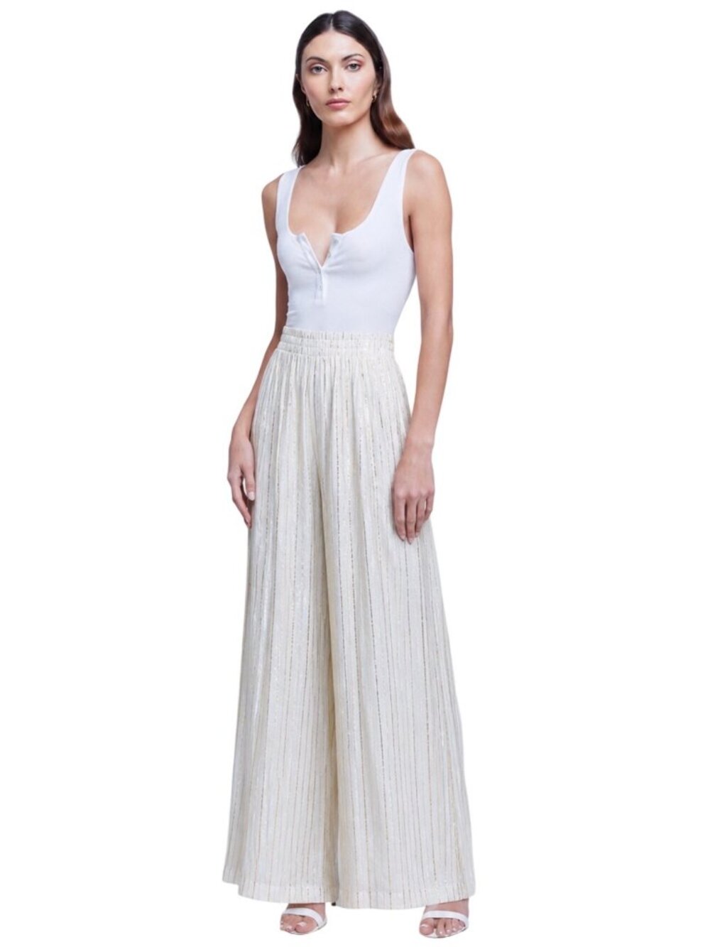 L’AGENCE Nikita Wide Leg Silver and Gold Pinstripe Pant Size Extra Small New